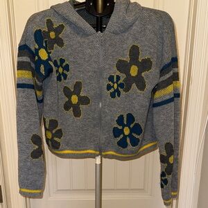 Floral Patterned Gray and Yellow Zip Up Cardigan Sweater